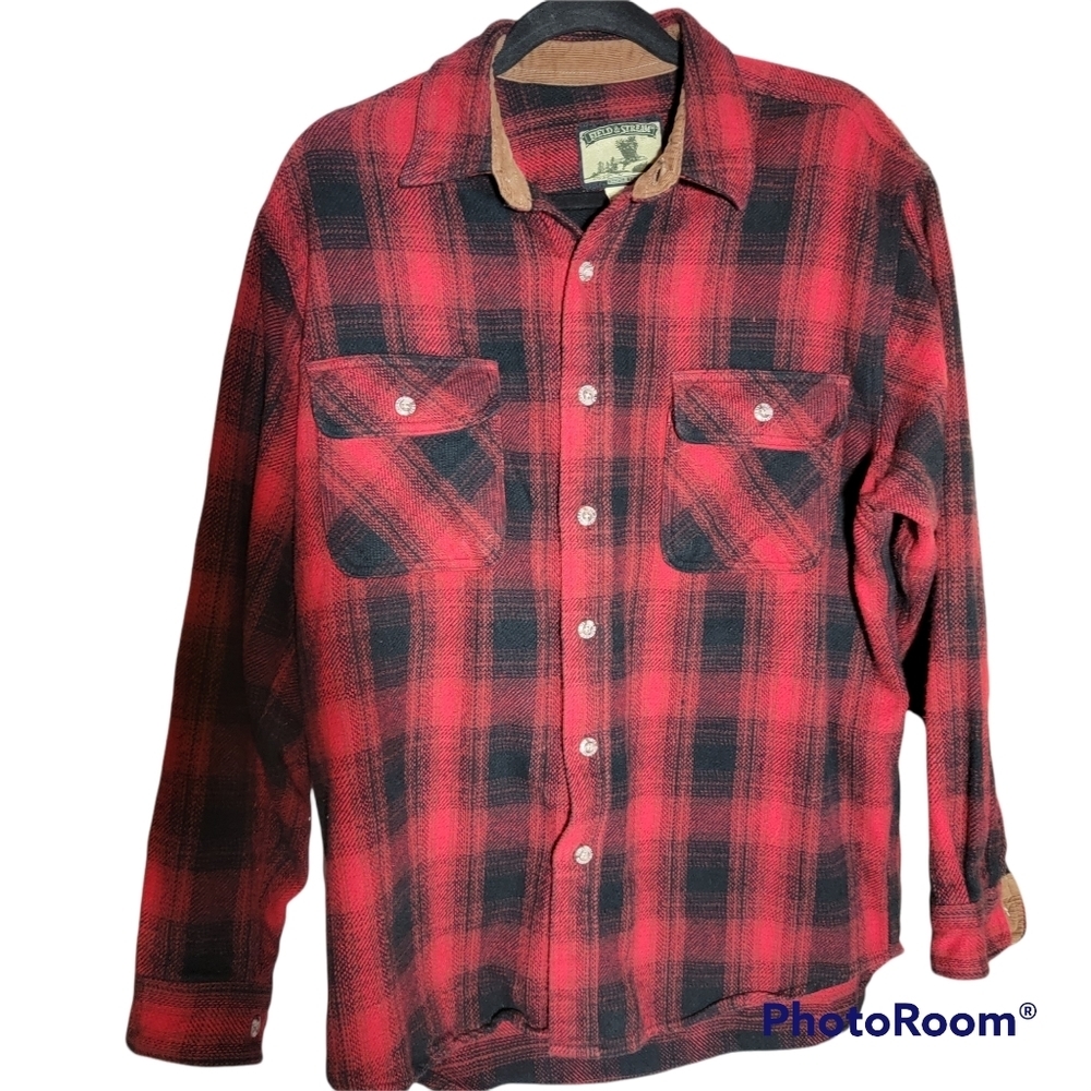 FIELD & STREAM Mens Flannel Red Black Brown corduroy lining neck and sleeve Med